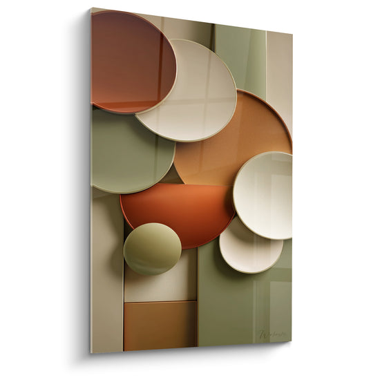 Disques en relief terracotta et vert sauge superposés dans une composition abstraite raffinée