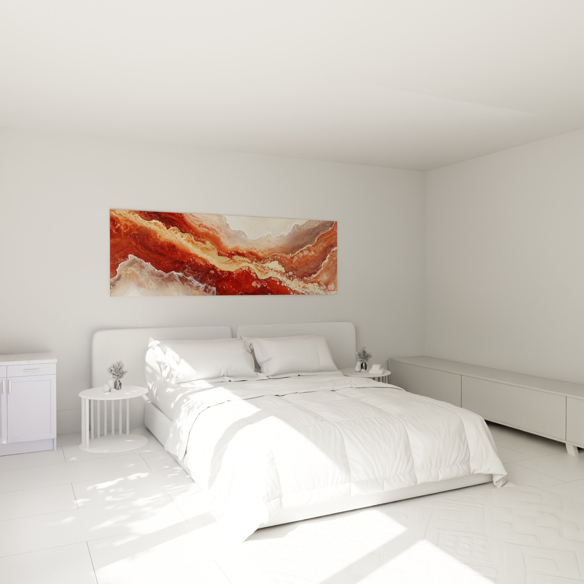 abstract terracotta wall art above bed master bedroom mural decoration