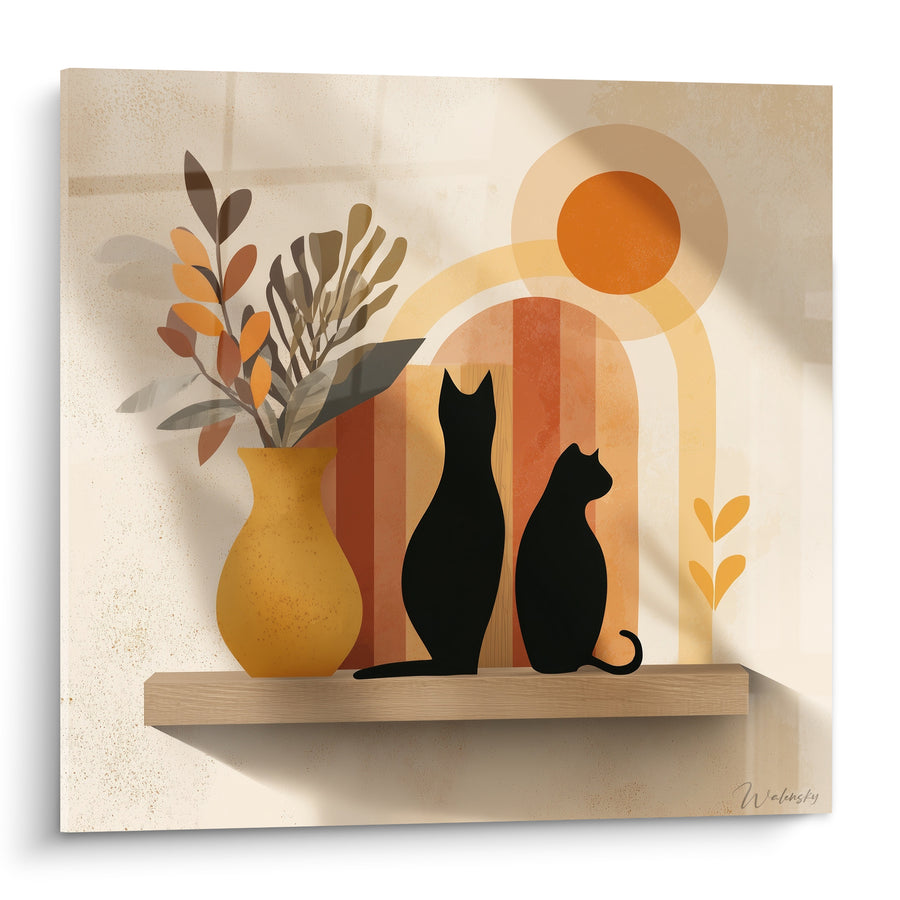 Tableau Chats noirs et vase ocre sur étagère - Silhouettes féline sur bois - Edition Terracotta