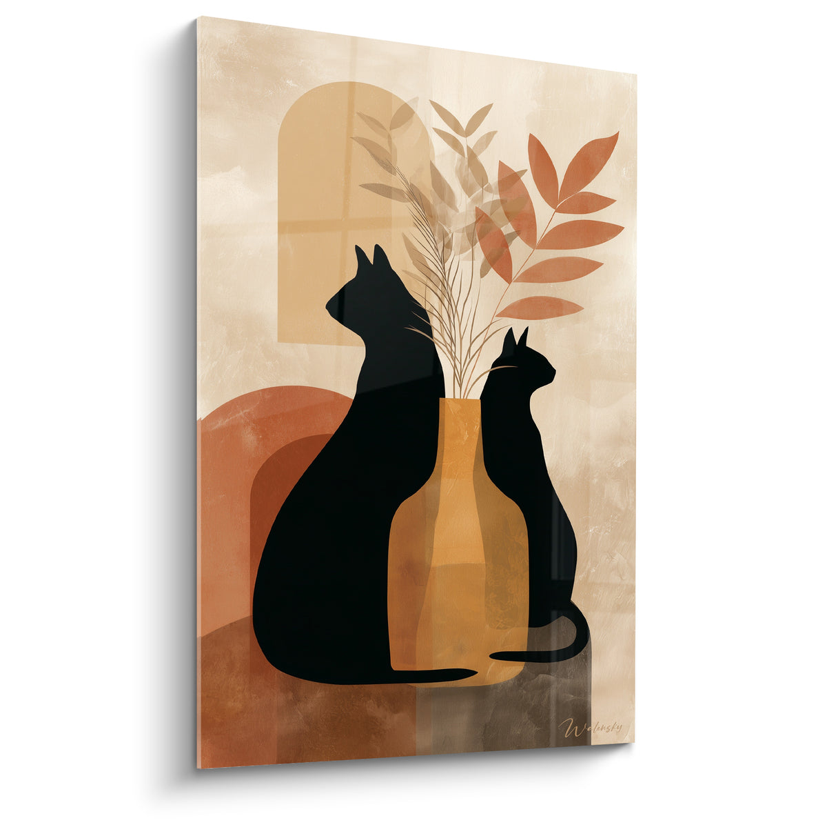 Deux chats noirs silhouettés près d'un vase ocre et de feuillage terracotta sur fond crème