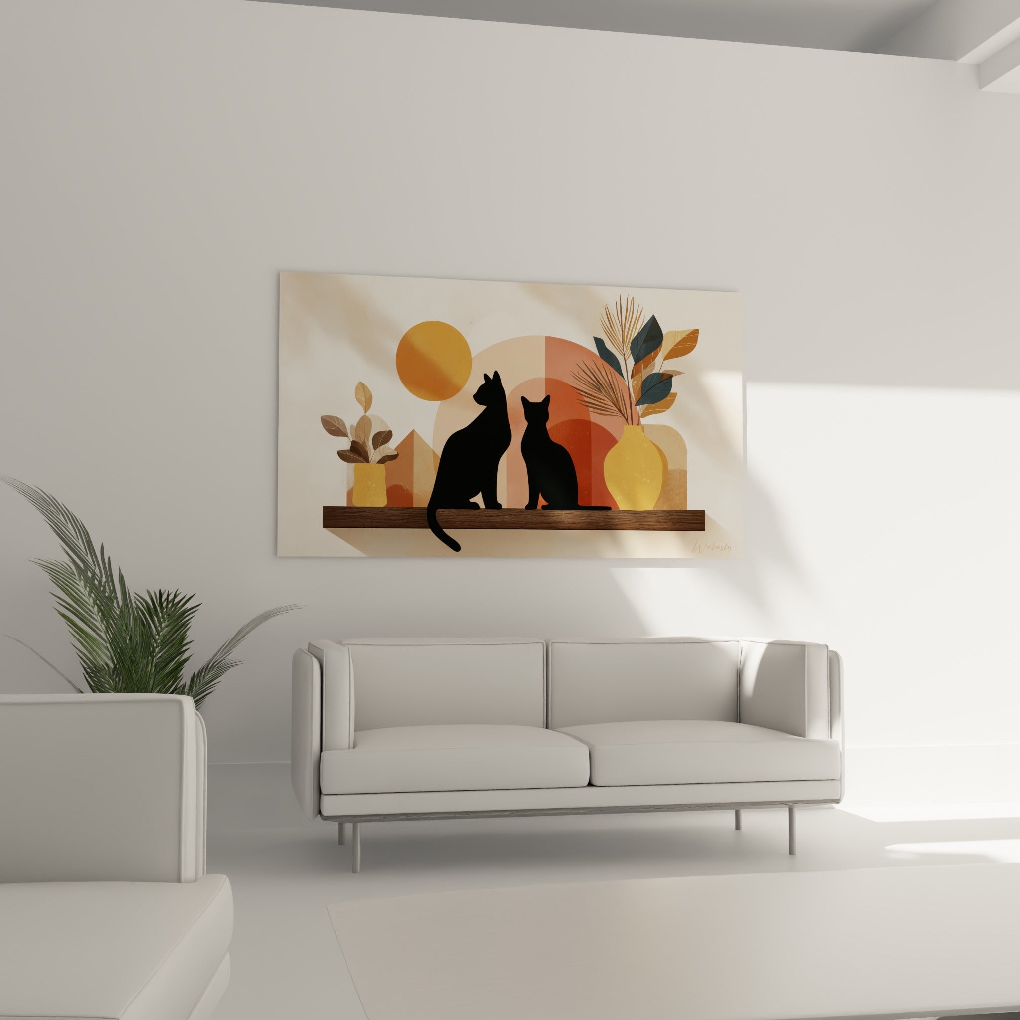 Chats noirs et soleil ocre stylisé s'affichent au-dessus d'un canapé dans un salon lumineux