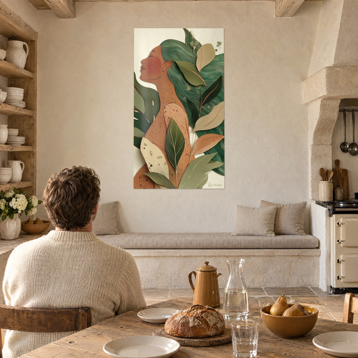 Wall art terracotta shoulder speckled with brown, large green leaf in the foreground, wavy hair, stone dining room