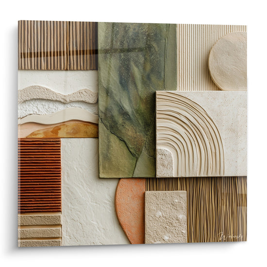 Collage terracotta sculpté aux teintes vert sauge, bois brun et beige sablé texturé