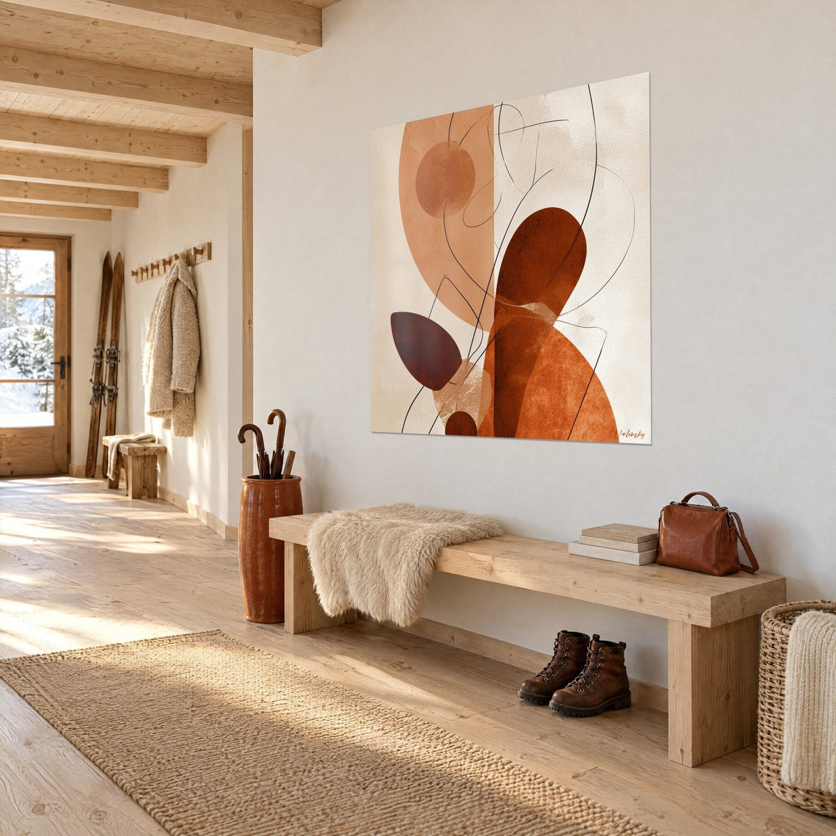 Wall art organic shapes in chocolate brown and burnt orange on a cream background, black looping line, on the wall of a light wood entrance hall