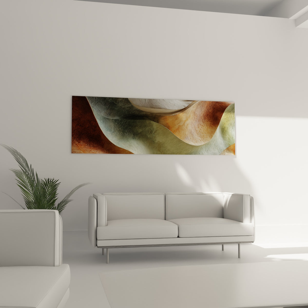 Composition abstraite terracotta et vert sauge du tableau accrochée au-dessus d'un canapé dans un salon lumineux