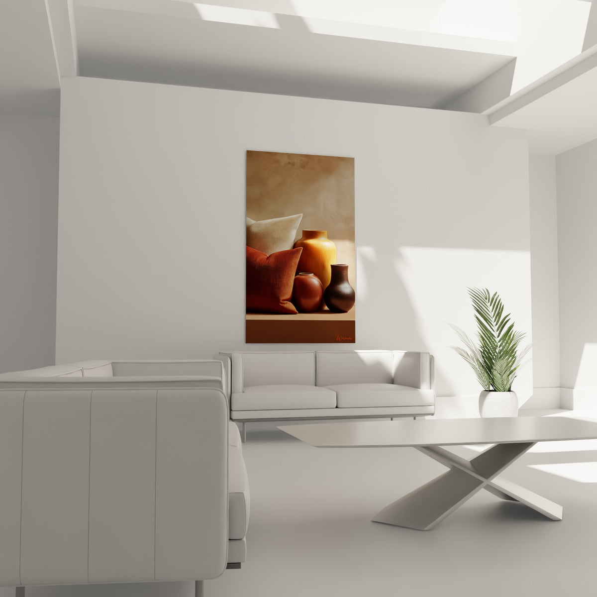 Composition de vases dorés et bruns avec coussins texturés au-dessus d'un canapé dans un salon lumineux