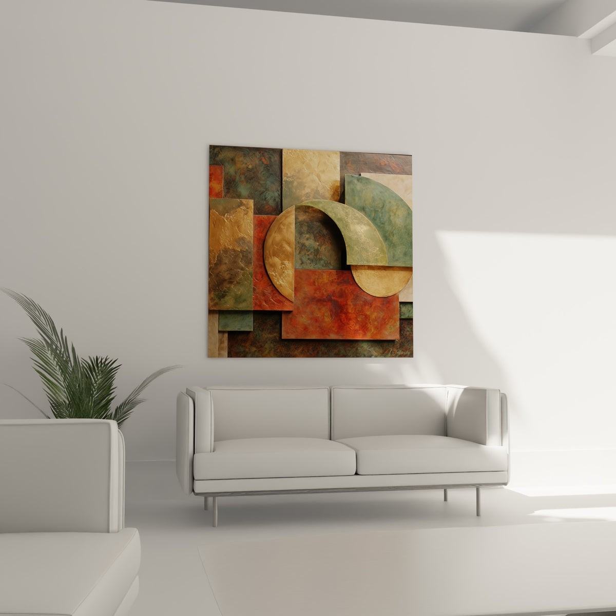 Blocs géométriques anthracite, rouille et dorés du tableau Terracotta accrochés au-dessus d'un canapé dans un salon lumineux