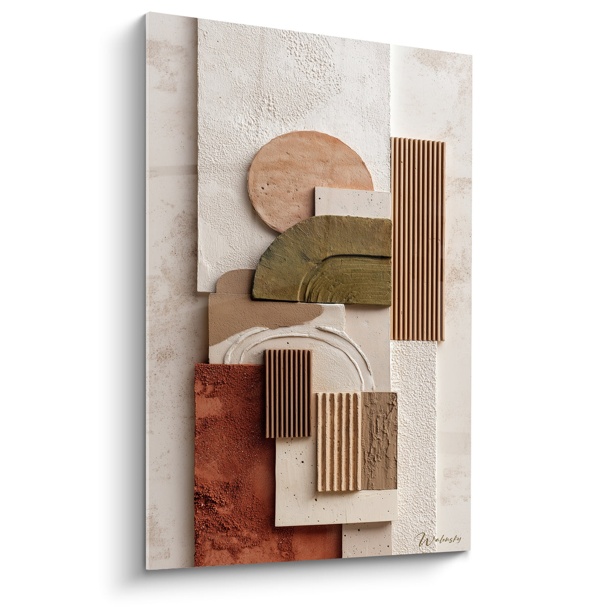 Composition abstraite Terracotta aux formes géométriques rouille, vert olive et beige texturé