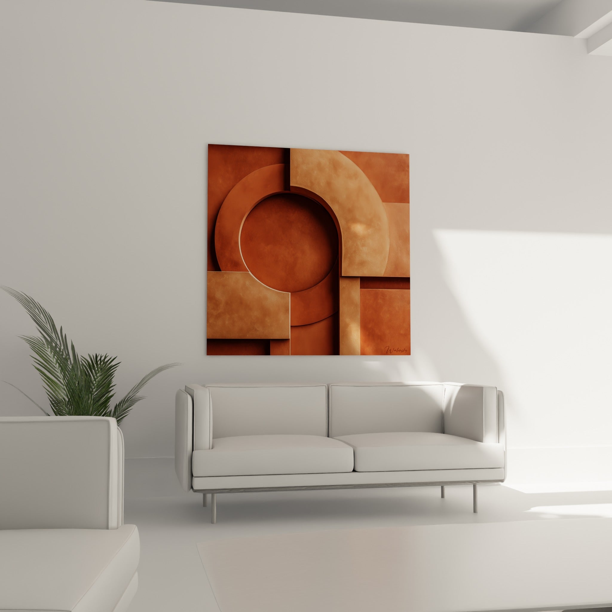 Cercle ocre profond entouré de blocs brun terracotta, suspendu au-dessus d'un canapé dans un salon lumineux