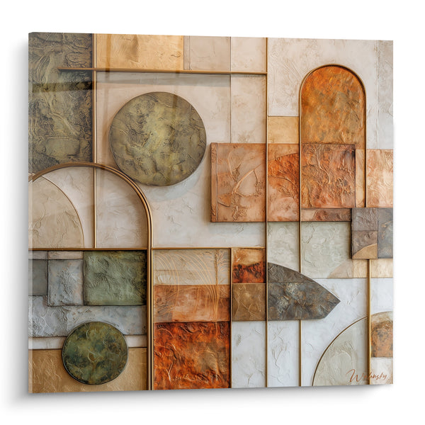 Tableau Composition géométrique cuivrée et vert sauge texturée - Fragments d'atelier - Edition Terracotta