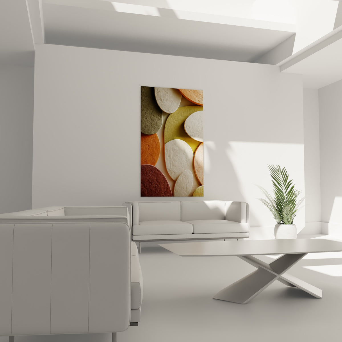 Composition organique ocre et olive aux textures pierreuses, tableau au-dessus d'un canapé dans un salon lumineux