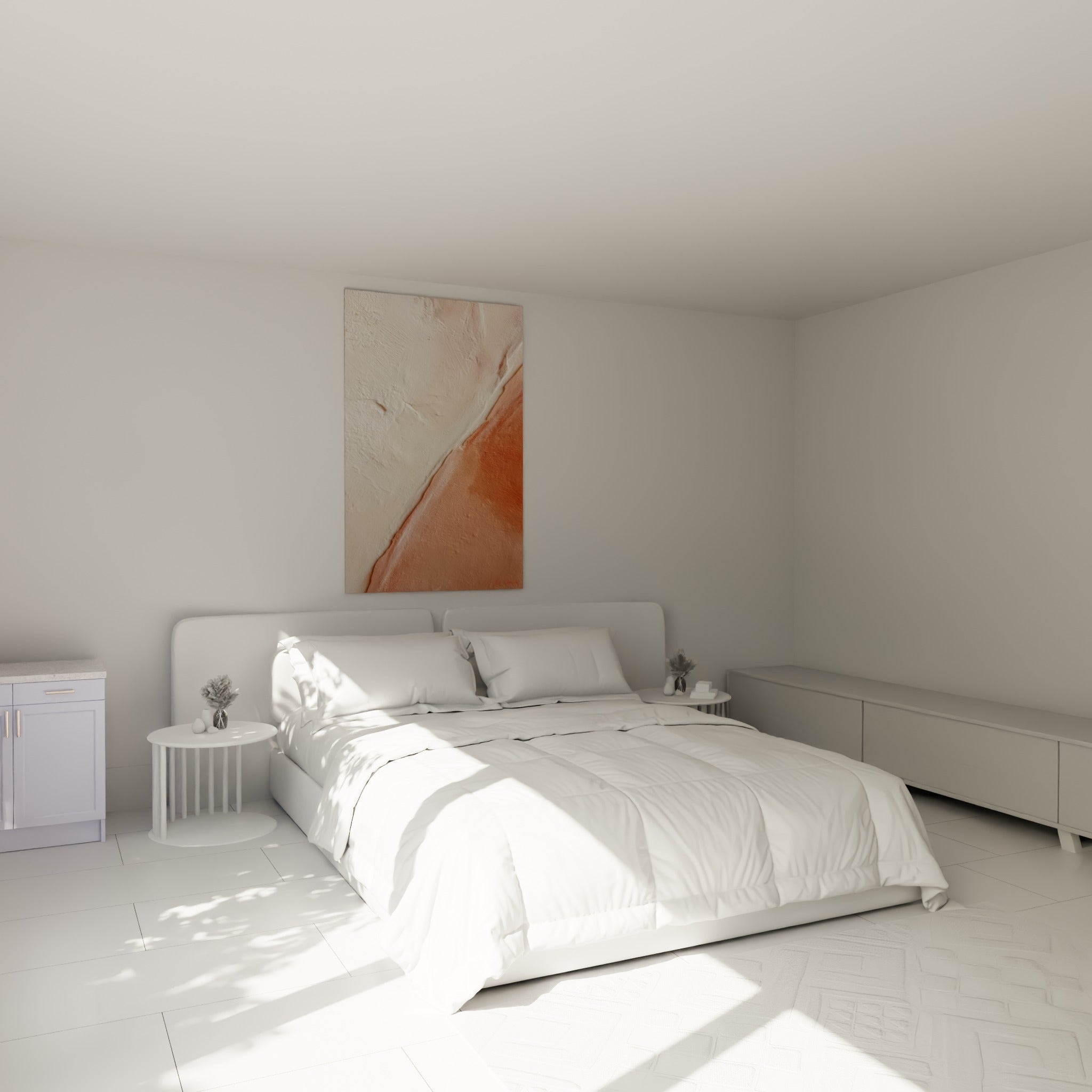 Composition ocre et ivoire à la diagonale marquée, au-dessus d'un lit dans une chambre claire