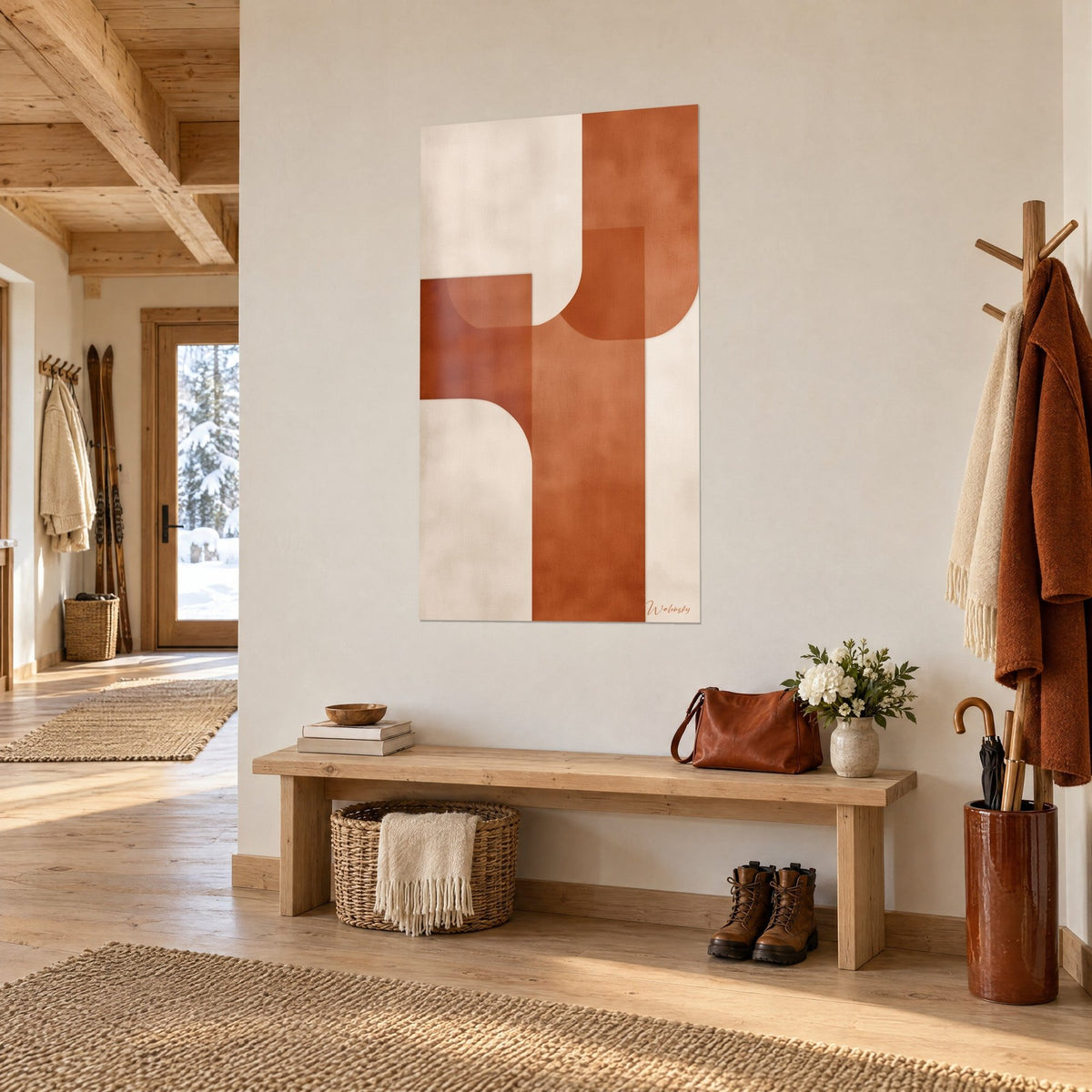 Πίνακας στρογγυλά σχήματα terracotta σε κρεμ φόντο, ξύλινος πάγκος και χάλκινο παλτό σε είσοδο σαλέ