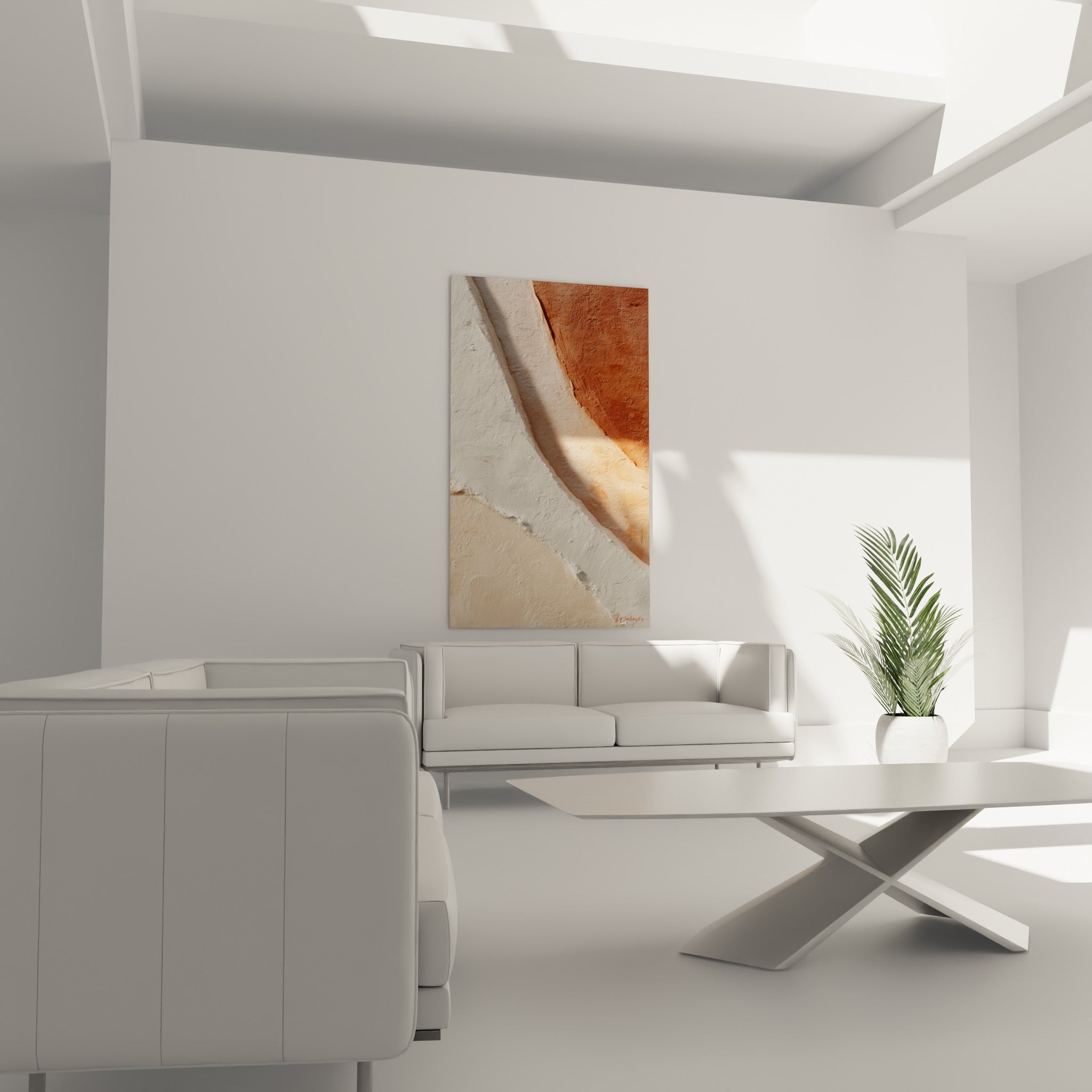 Contraste beige sable et cuivré au-dessus d'un canapé dans un salon lumineux, texture sculptée