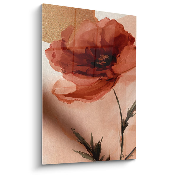 Tableau Coquelicot rouge et brique à tige feuillue - Aquarelle florale dorée - Edition Terracotta