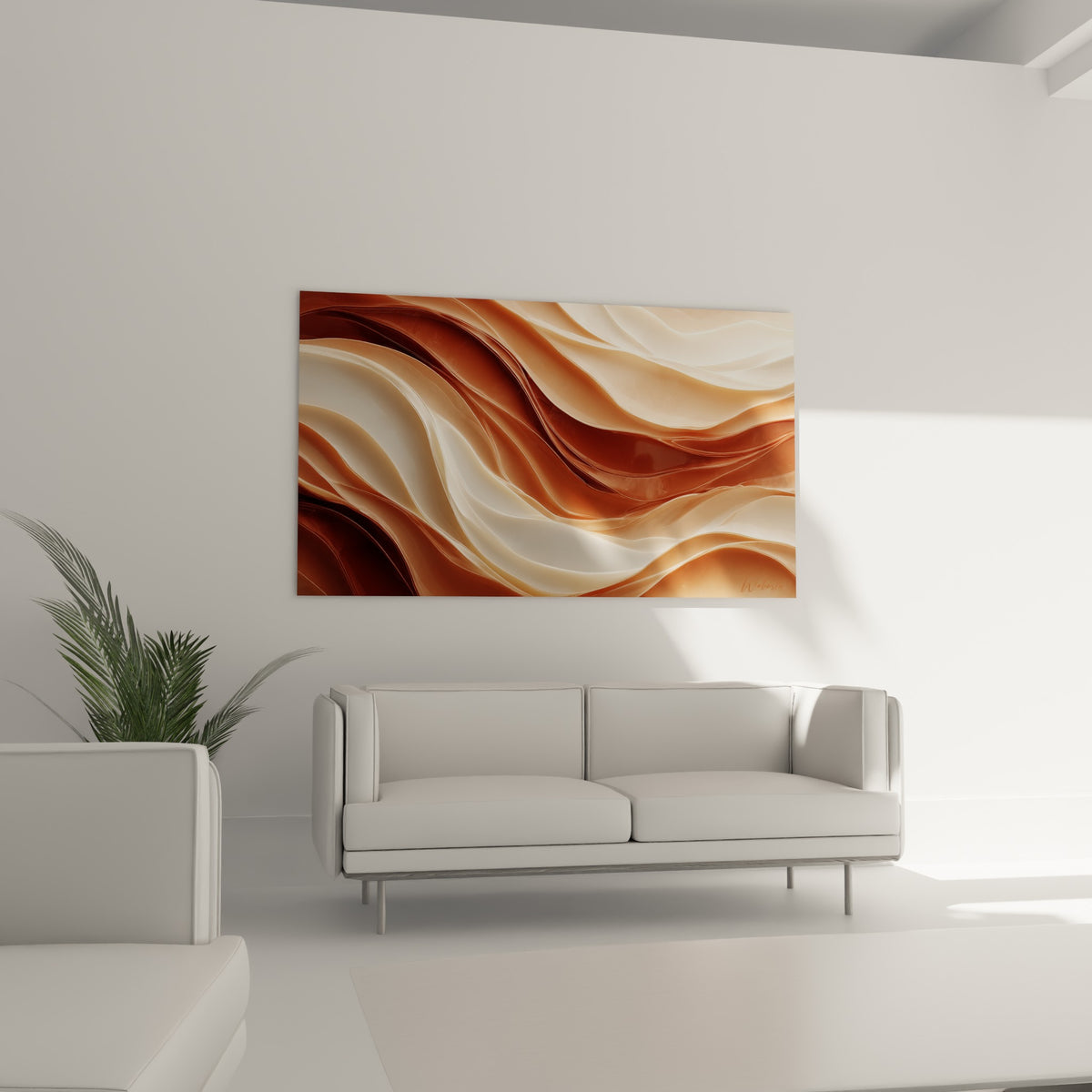 Coulée terracotta et beige aux lignes sinueuses, tableau accroché au-dessus d'un canapé dans un salon lumineux