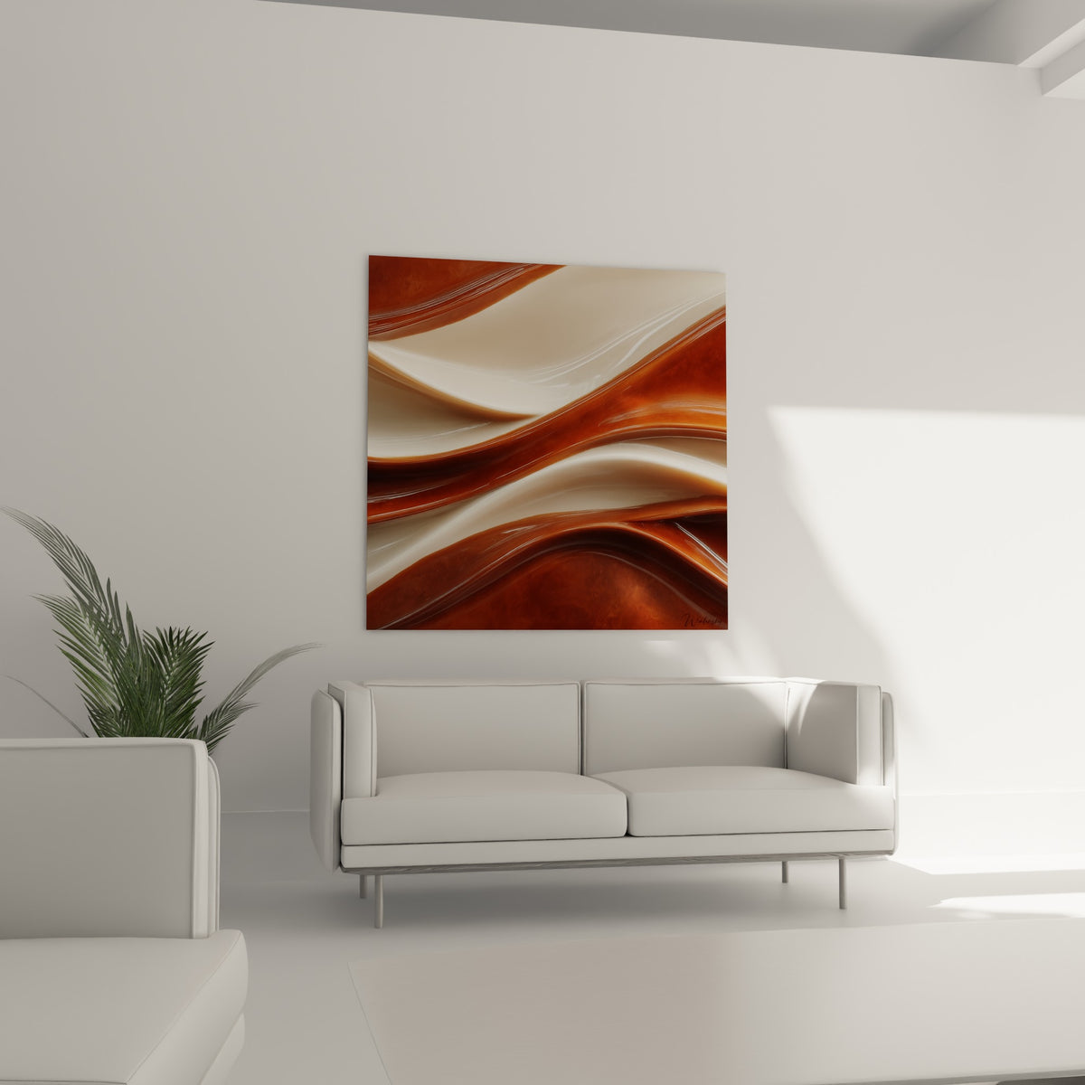 Coulées ocre et blanches se mêlent sur ce tableau abstrait, au-dessus d'un canapé dans un salon lumineux