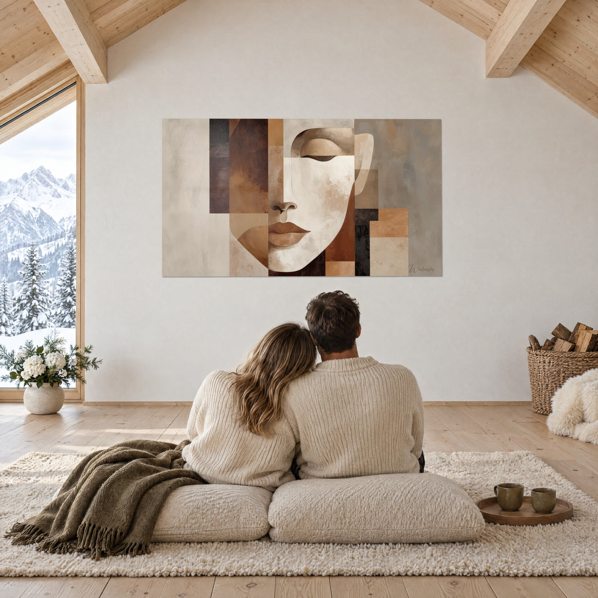 Tableau visage aux lignes géométriques et tons caramel, ivoire et noir profond, admiré par un couple de dos sur des coussins dans un chalet enneigé