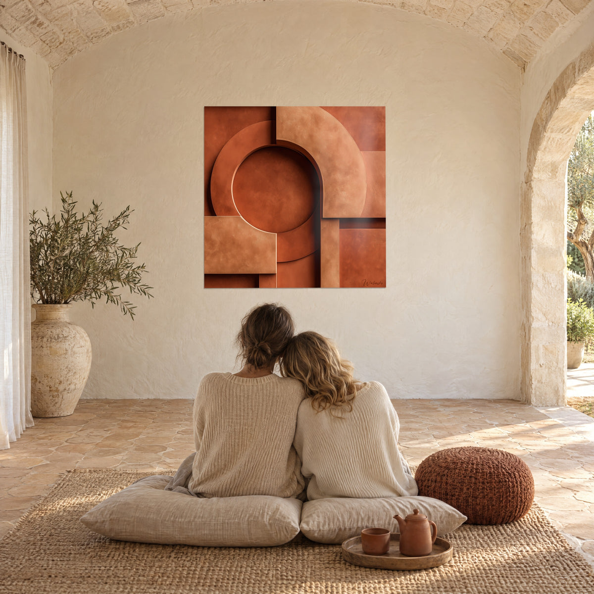 Cuadro escultura mural redonda marrón rojizo y beige cobrizo, pareja abrazada de espaldas sobre cojines, en una sala abovedada del mas