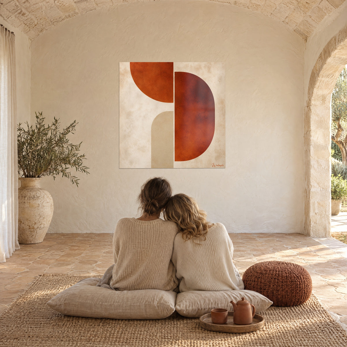 Tableau demi-lunes brique et arche taupe sur fond crème, couple enlacé de dos sur des coussins, sous une voûte de pierre