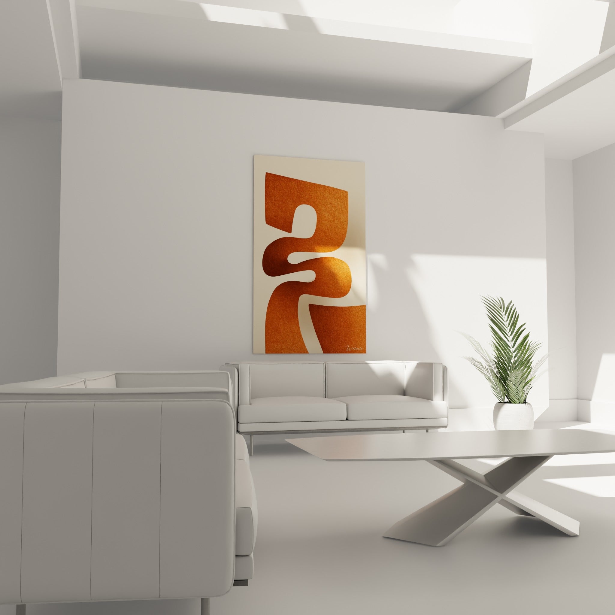 Forme sculpturale terracotta et beige, découpe organique aux contours doux, au-dessus d'un canapé dans un salon lumineux