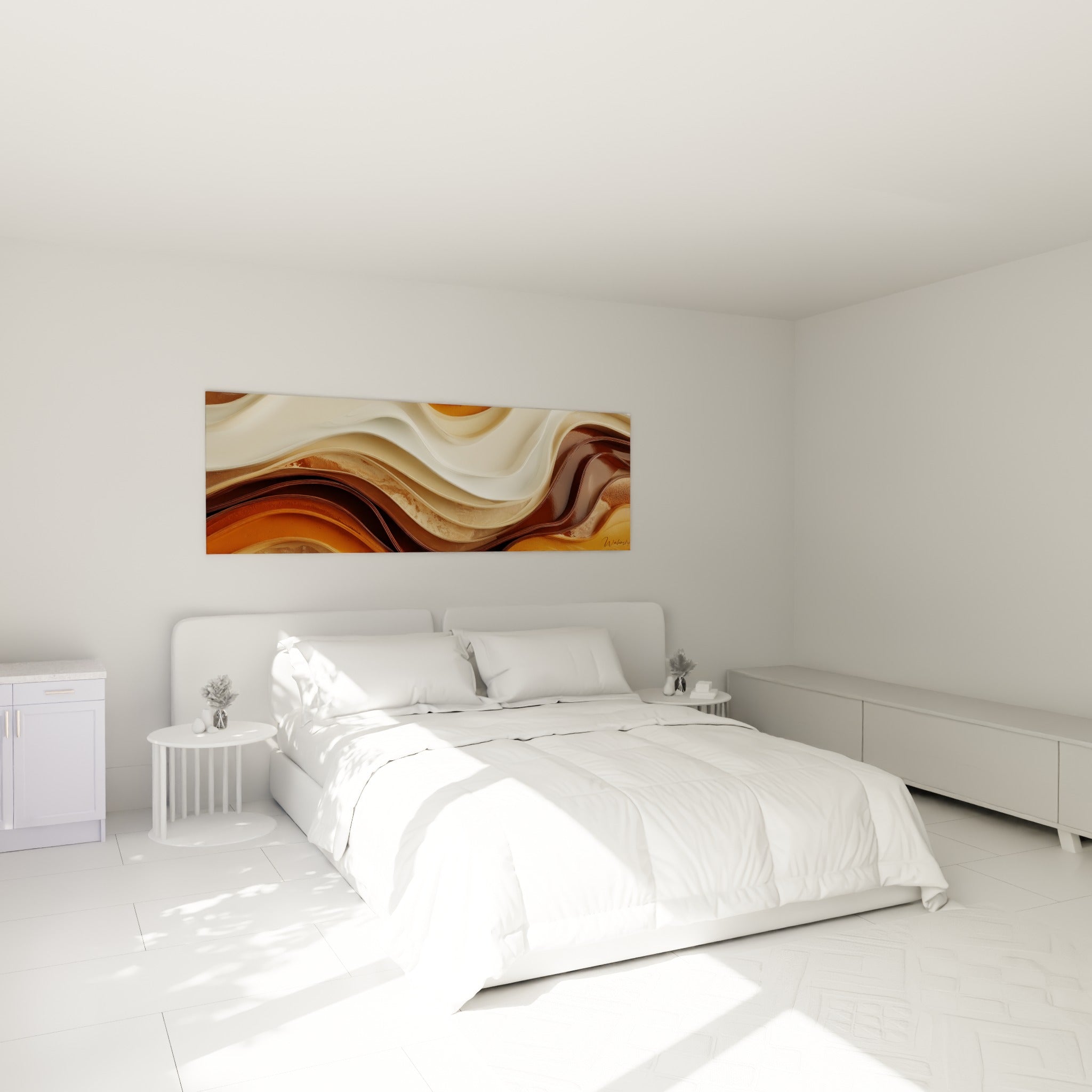 Courbes fluides ivoire et ambre doré du tableau Terracotta, accrochées au-dessus d'un lit dans une chambre claire