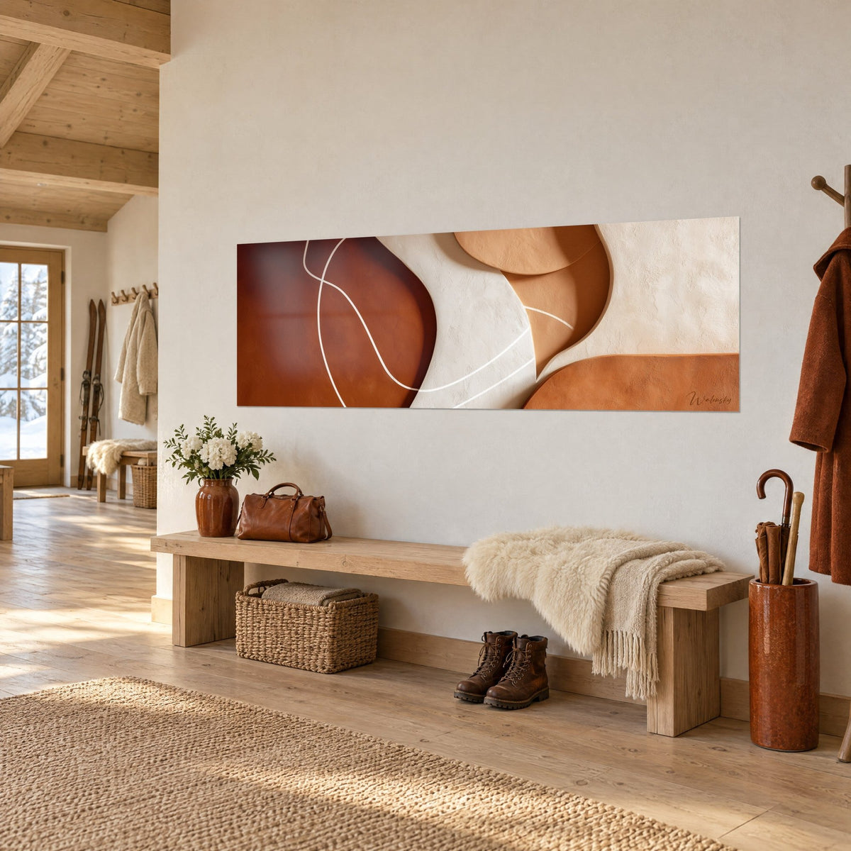 Cuadro de relieves murales orgánicos en terracota y marfil, líneas blancas finas, banco de madera y abrigo, chalet visto en tres cuartos