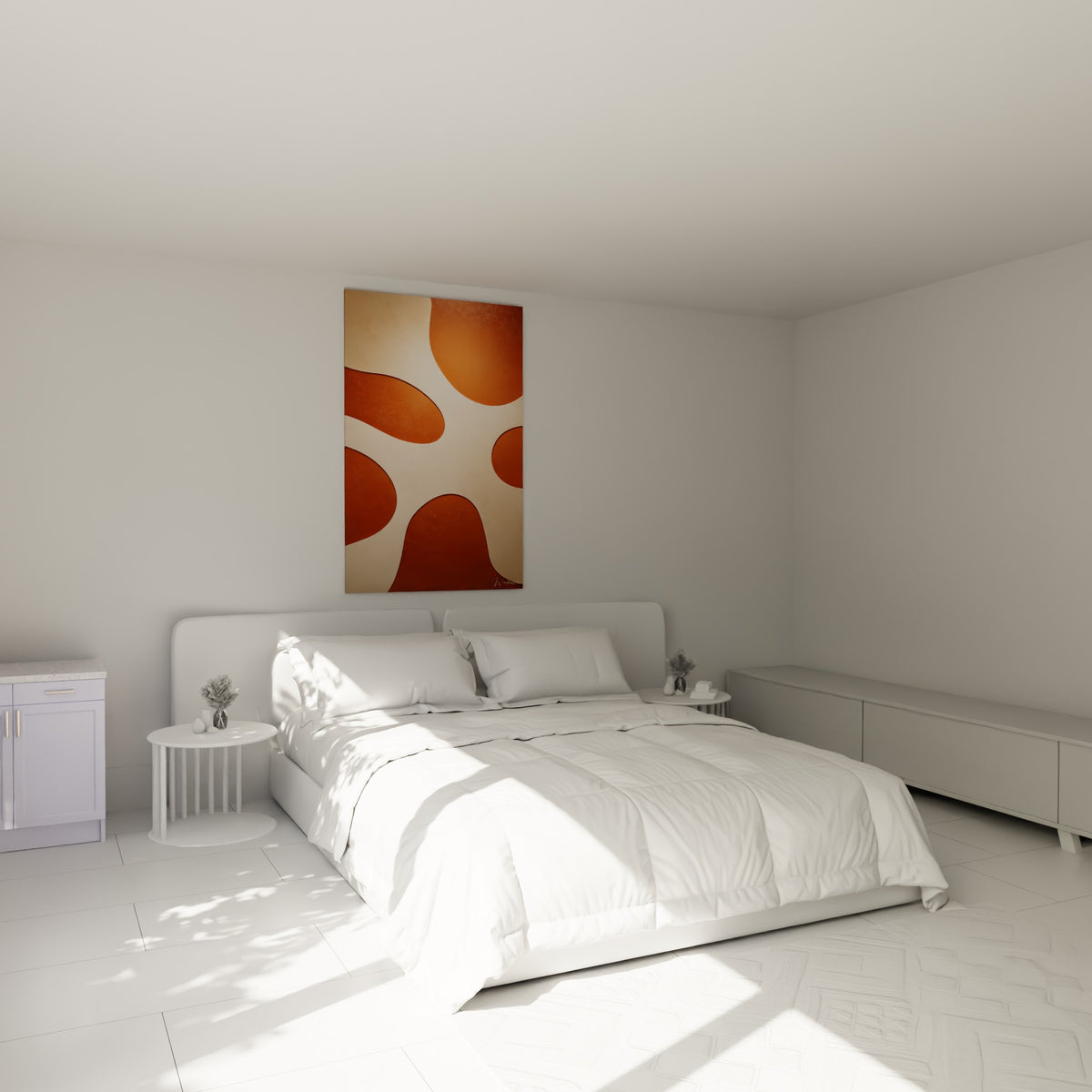 Courbes terracotta et sable évoquant l'argile, accrochées au-dessus d'un lit dans une chambre claire