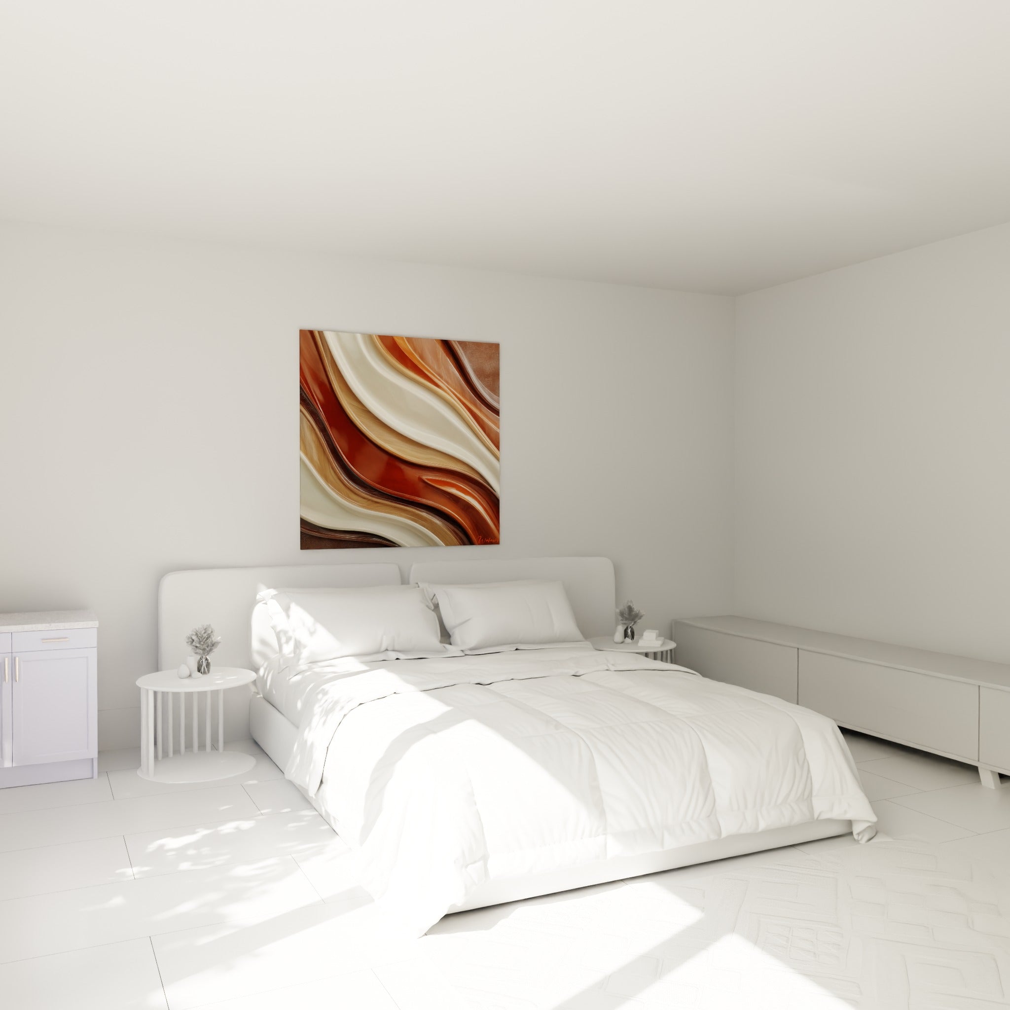Courbes terracotta et beige doré traversant la toile, accrochées au-dessus d'un lit dans une chambre claire