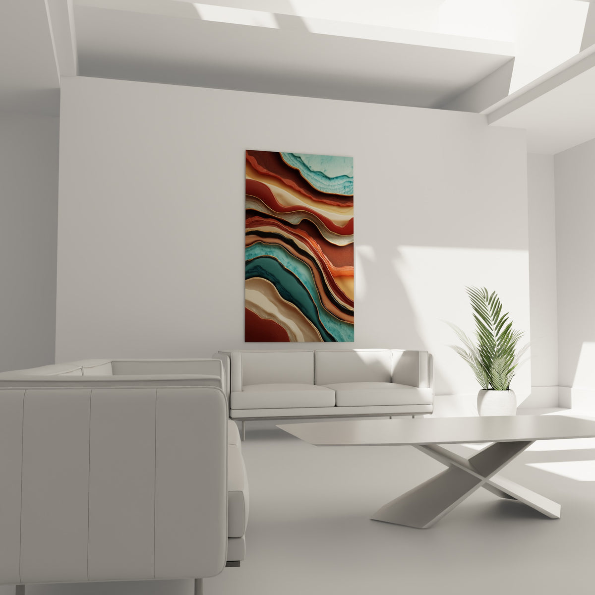 Courbes sinueuses beige et bleu pétrole du tableau Terracotta au-dessus d'un canapé dans un salon lumineux