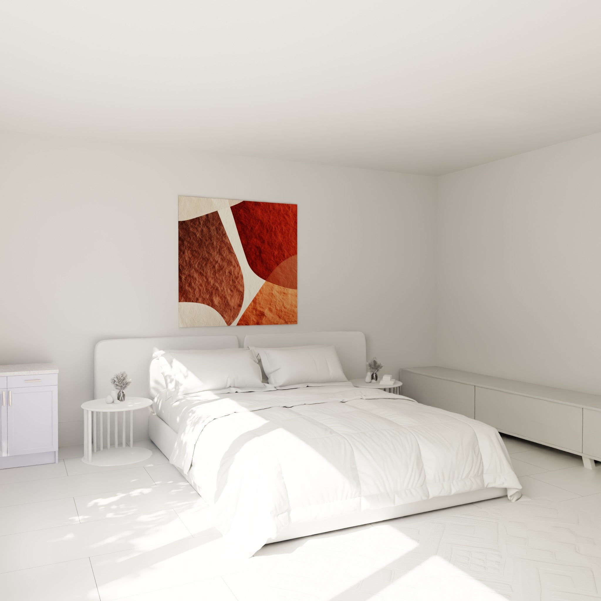 Courbes terracotta et beige sableux dominent cette œuvre placée au-dessus d'un lit dans une chambre claire