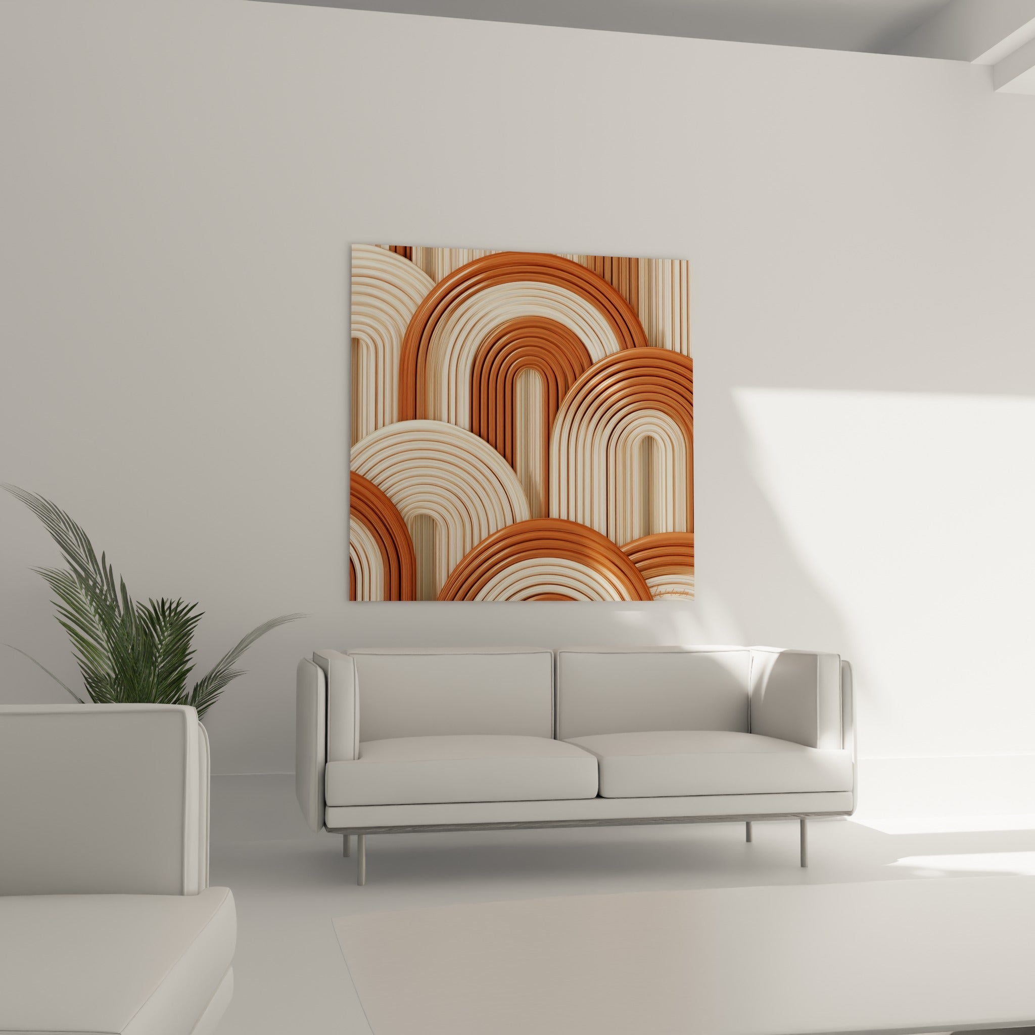 Courbes ocre et crème superposées, tableau arches terracotta placé au-dessus d'un canapé dans un salon lumineux