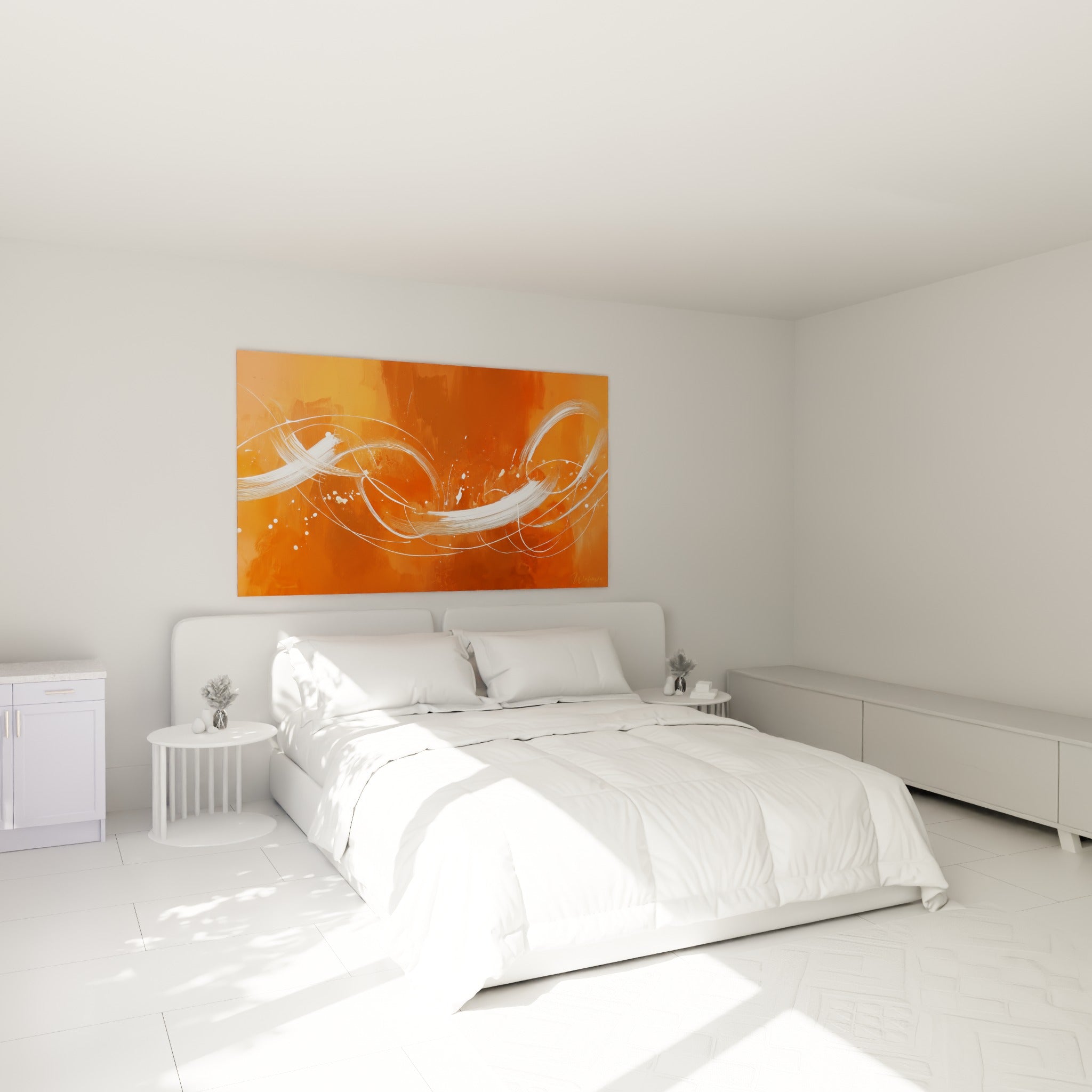 Courbes blanches entrelacées sur toile orange et rouille, accrochées au-dessus d'un lit dans une chambre claire