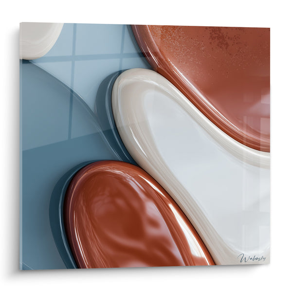 Tableau Vagues sculptées brique et bleu ardoise sur quadrillage - Reflets vernis lisses - Edition Terracotta