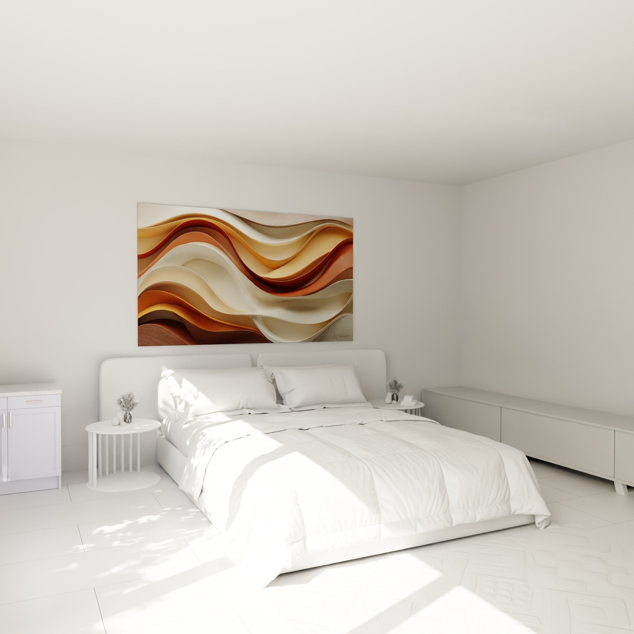Courbes fluides brun et terracotta se déployant au-dessus d'un lit dans une chambre claire