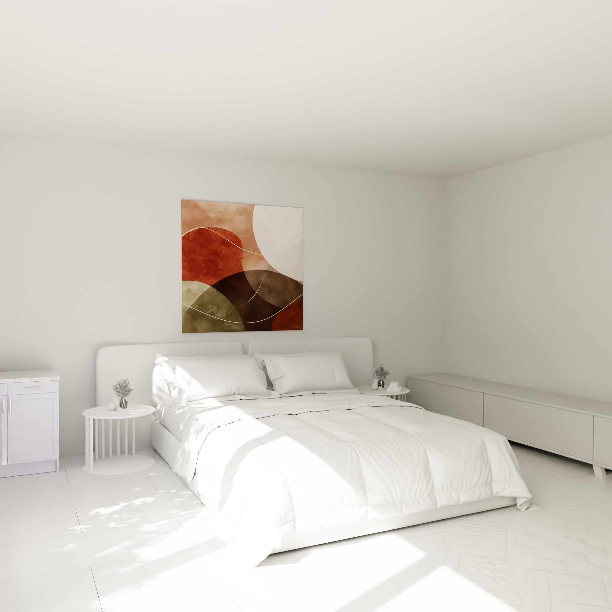 Formes arrondies terracotta et blanc crème accrochées au-dessus d'un lit dans une chambre claire