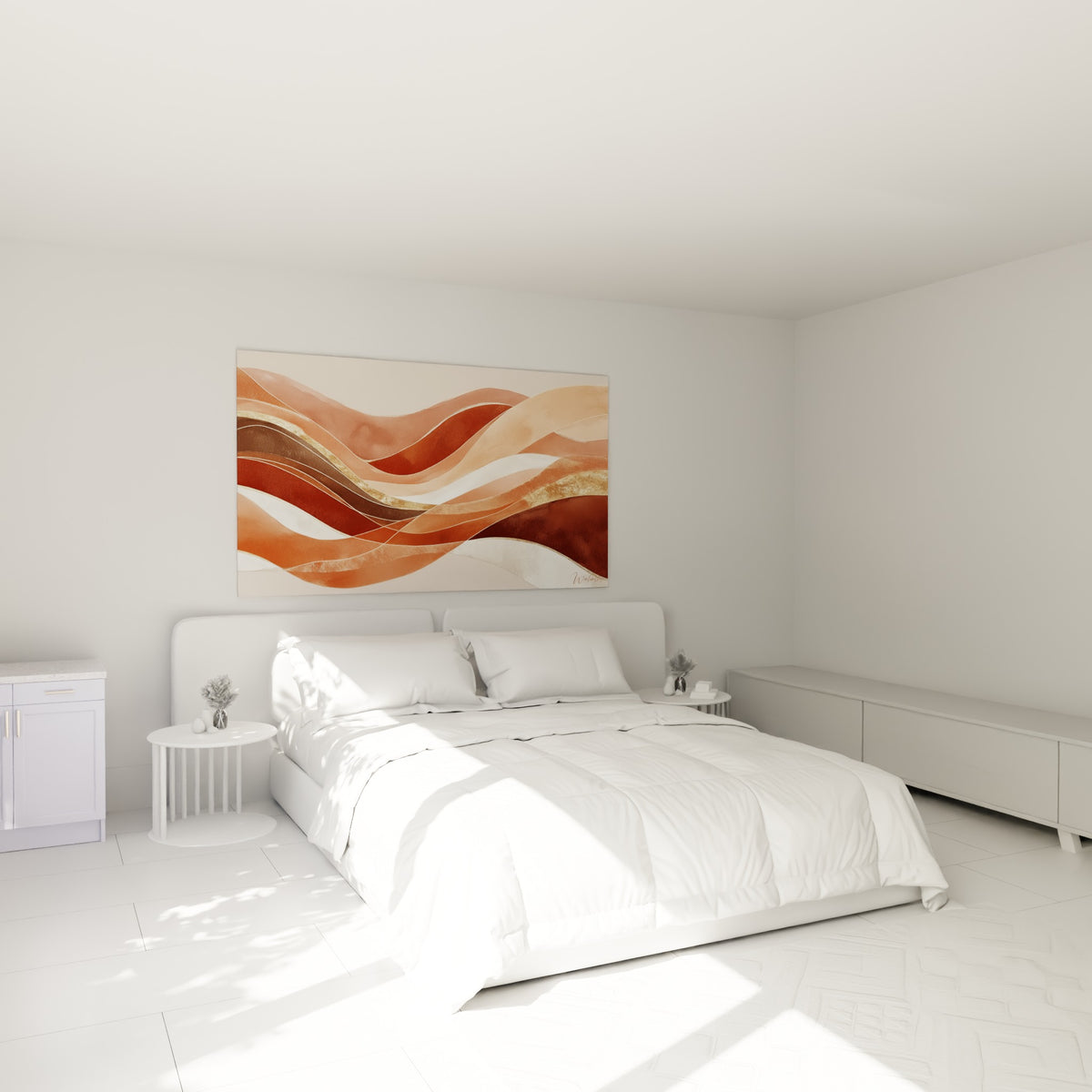 Courbes terracotta et anthracite se déployant au-dessus d'un lit dans une chambre claire