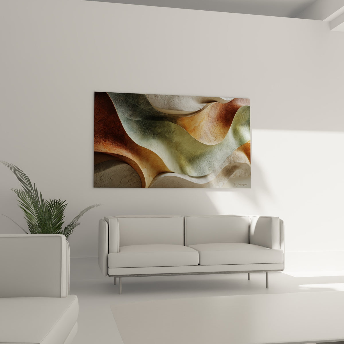 Reliefs ondulés Terracotta bruns et verts installés au-dessus d'un canapé dans un salon lumineux