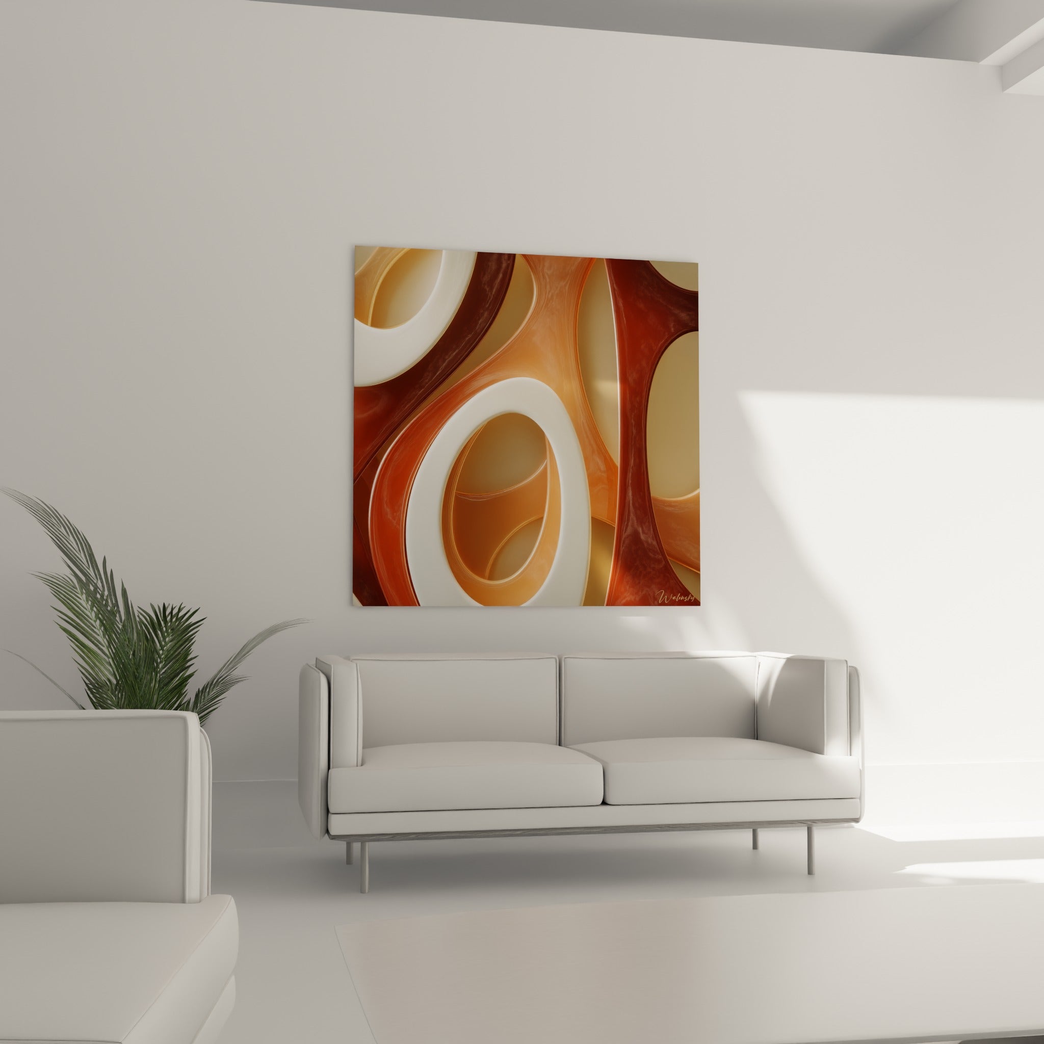 Spirale orange et ivoire aux reflets glacés au-dessus d'un canapé dans un salon lumineux et sobre