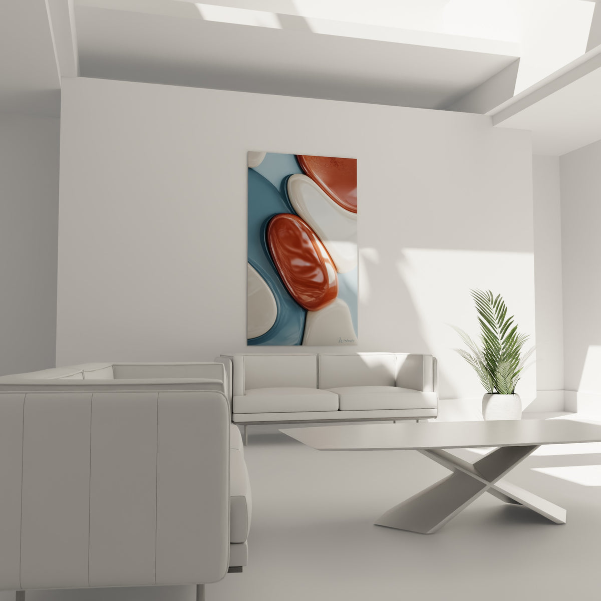 Courbes cuivrées et ivoire à l'aspect céramique disposées au-dessus d'un canapé dans un salon lumineux
