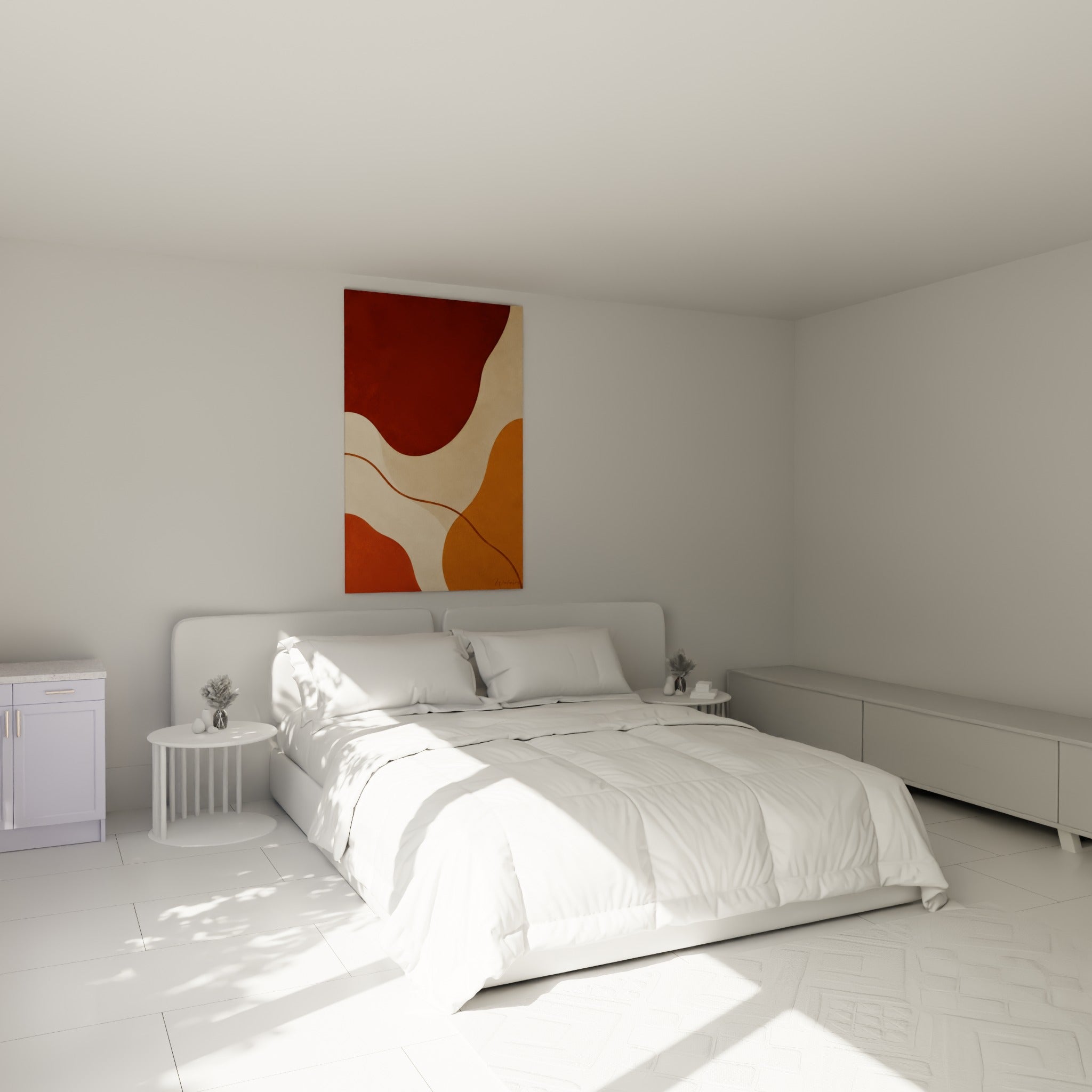 Courbes brique et ocre du tableau Terracotta suspendues au-dessus d'un lit dans une chambre claire