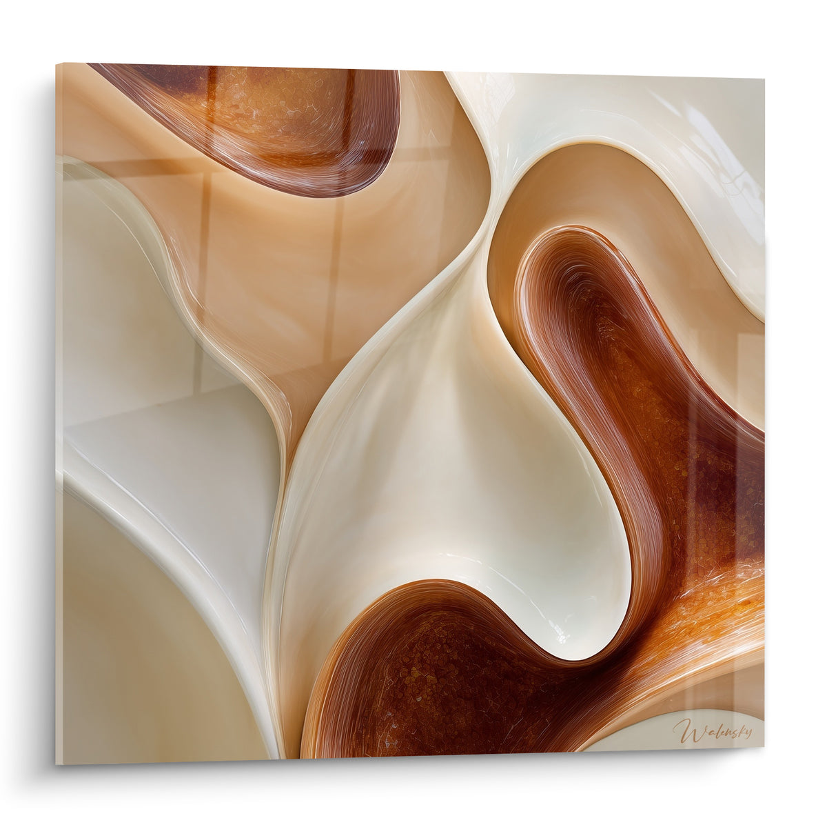 Courbes fluides crème et terracotta enlacées, formant des volutes brillantes façon résine liquide.