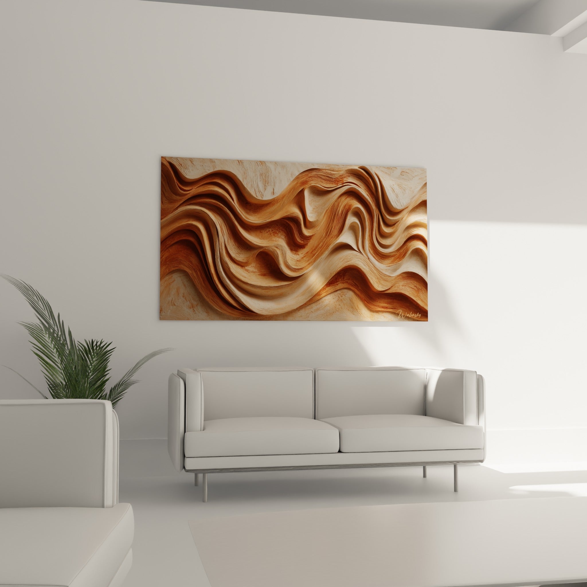 Courbes cuivrées et crème en mouvement continu, disposées au-dessus d'un canapé dans un salon lumineux.