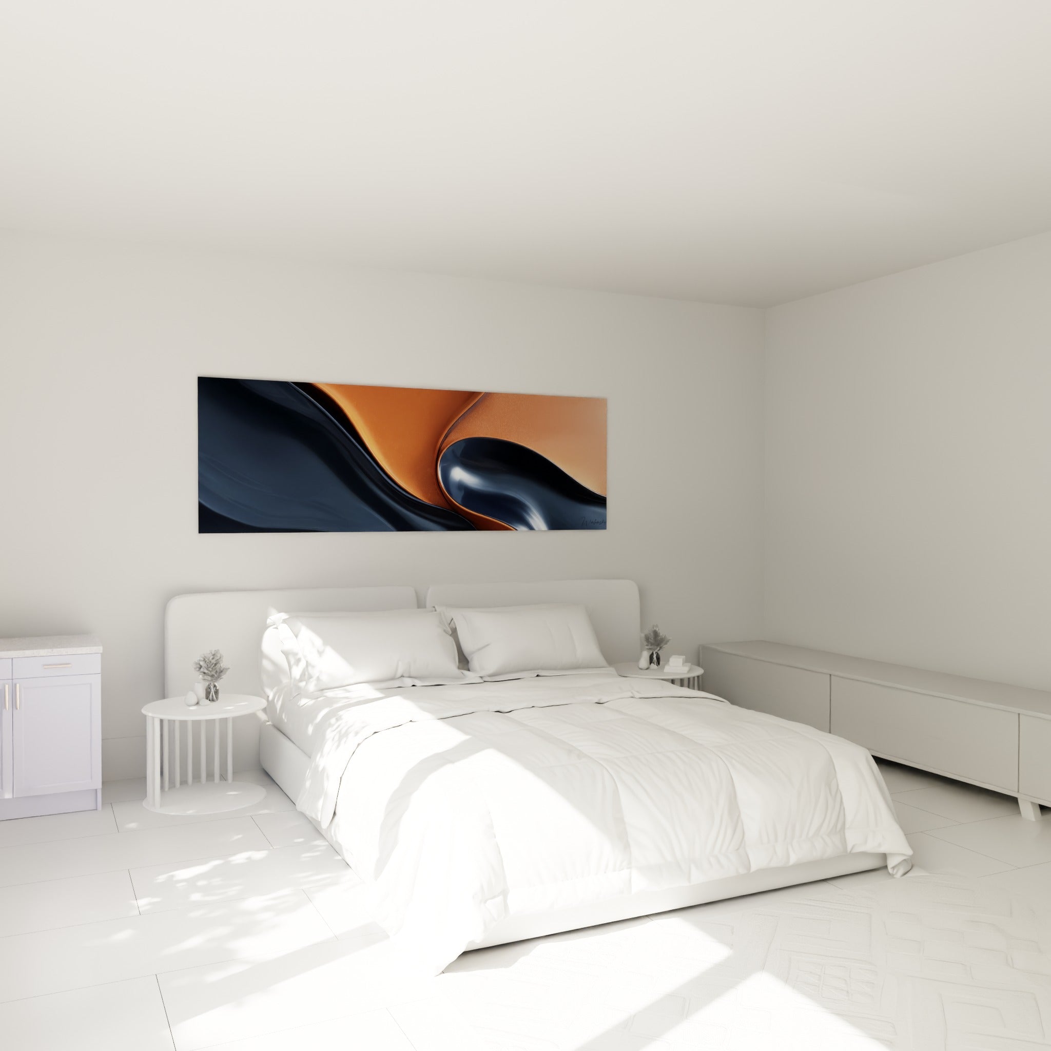 Courbes anthracite et cuivrées de ce tableau Terracotta, accrochées au-dessus d'un lit dans une chambre claire.