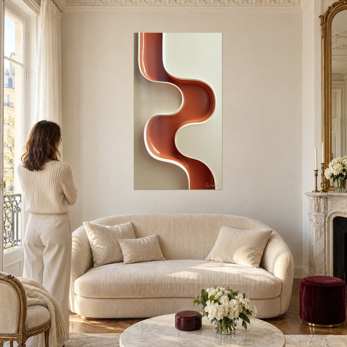 Quadro nastro sinuoso color mattone su fondo crema, vernice lucida, osservato da una donna sopra un divano in un soggiorno luminoso