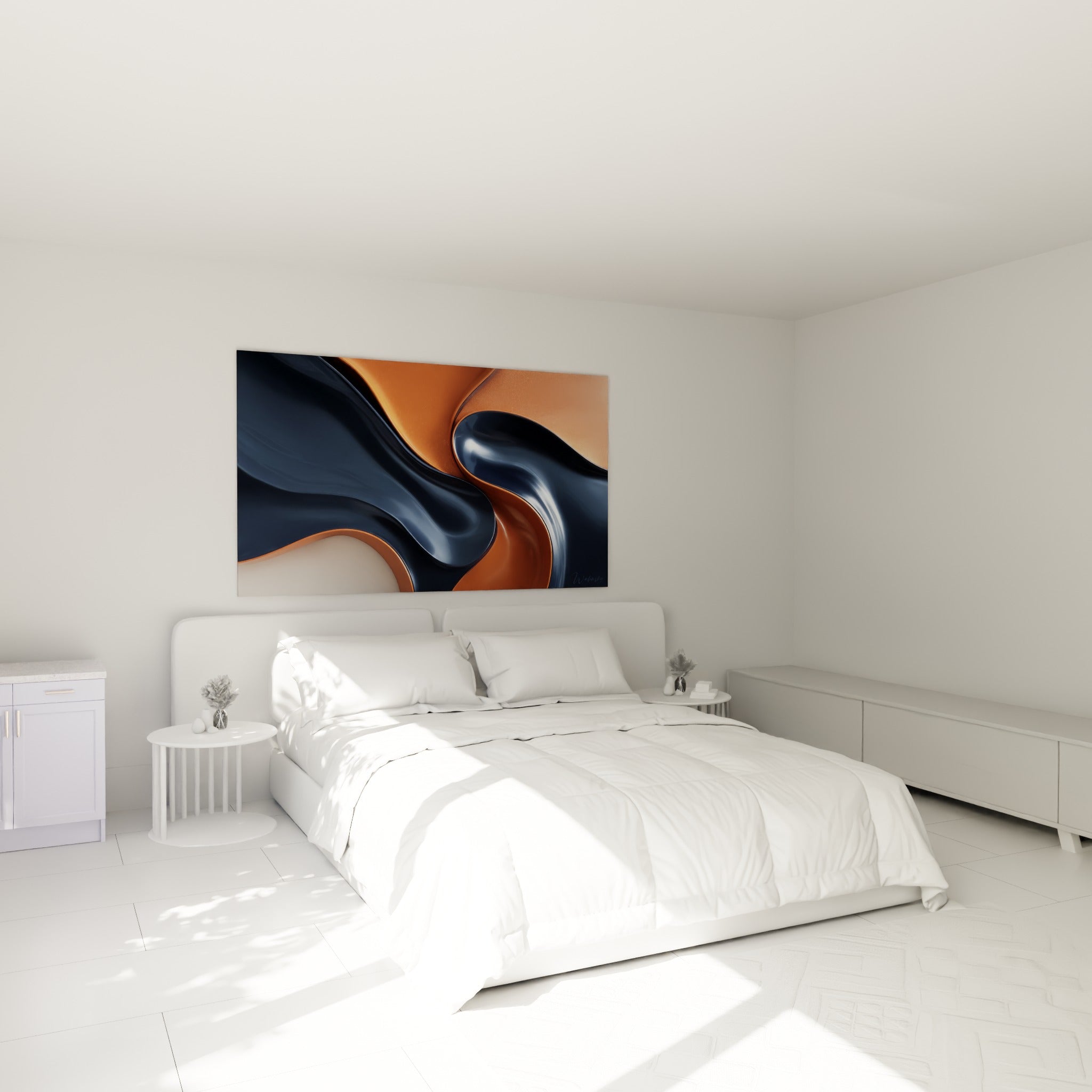 Courbes abstraites Terracotta orange et bleu marine accrochées au-dessus d'un lit dans une chambre claire