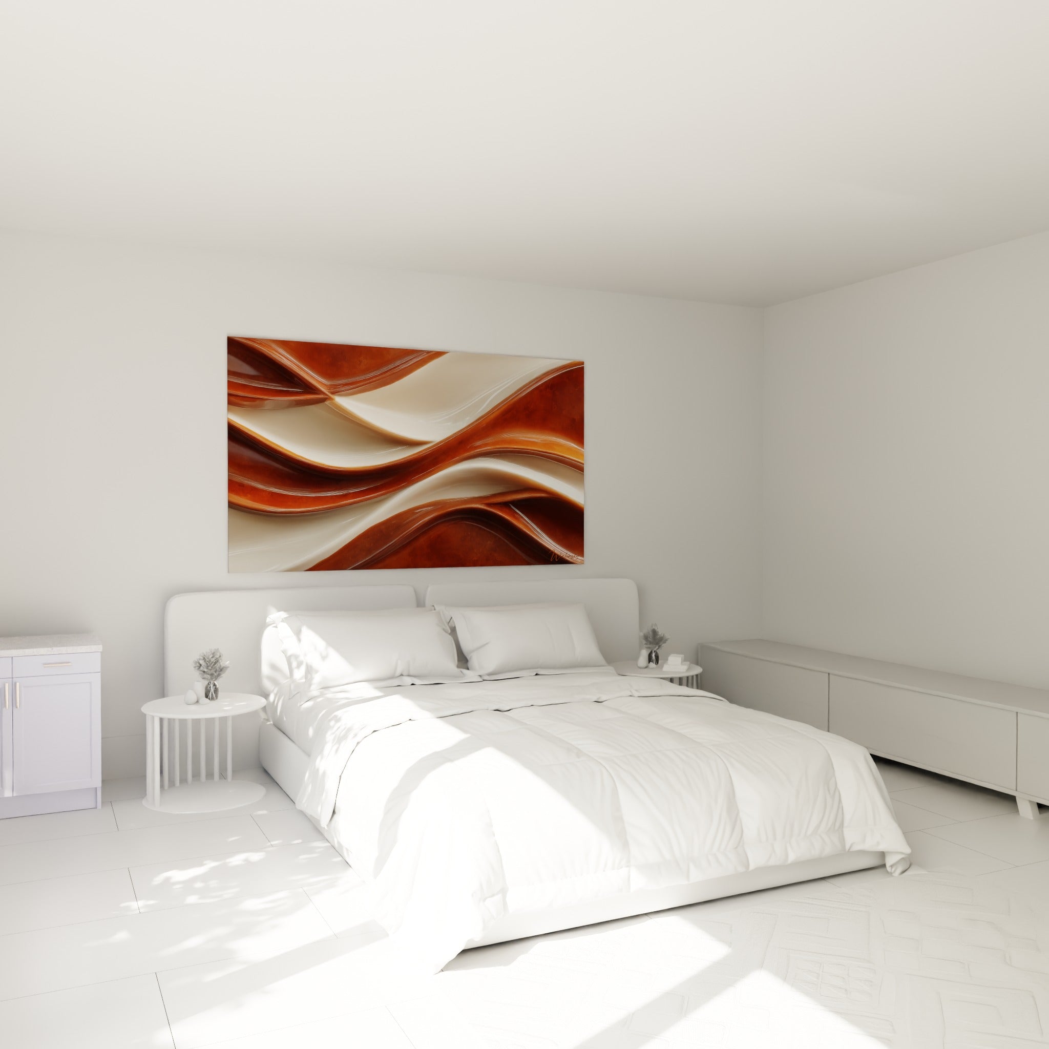 Courbes terracotta et blanc cassé ondulant avec éclat, accrochées au-dessus d'un lit dans une chambre claire