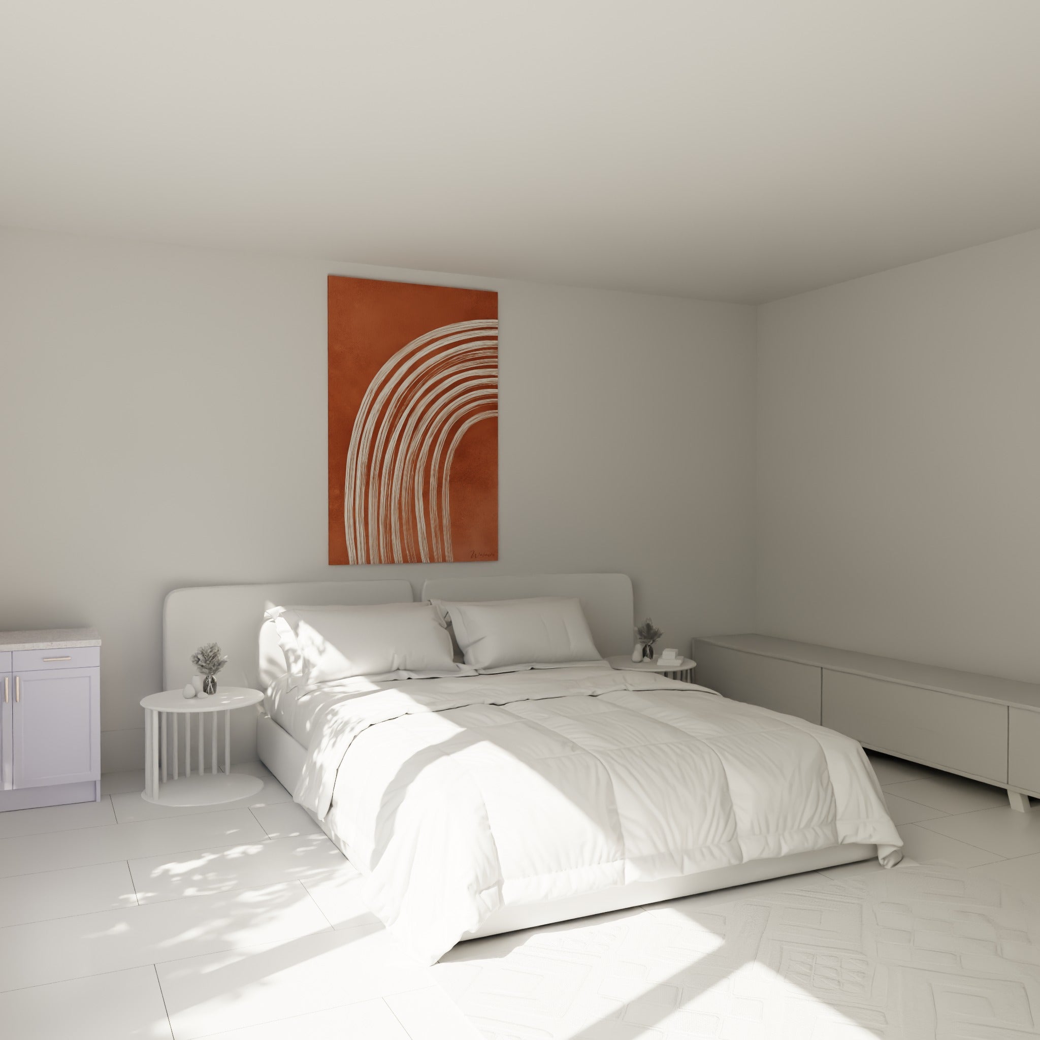 Lignes blanches en éventail sur fond brique, accrochées au-dessus d'un lit dans une chambre claire