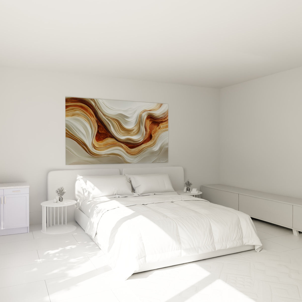 Courbes minérales blanches et brunes composant ce tableau accroché au-dessus d'un lit dans une chambre claire