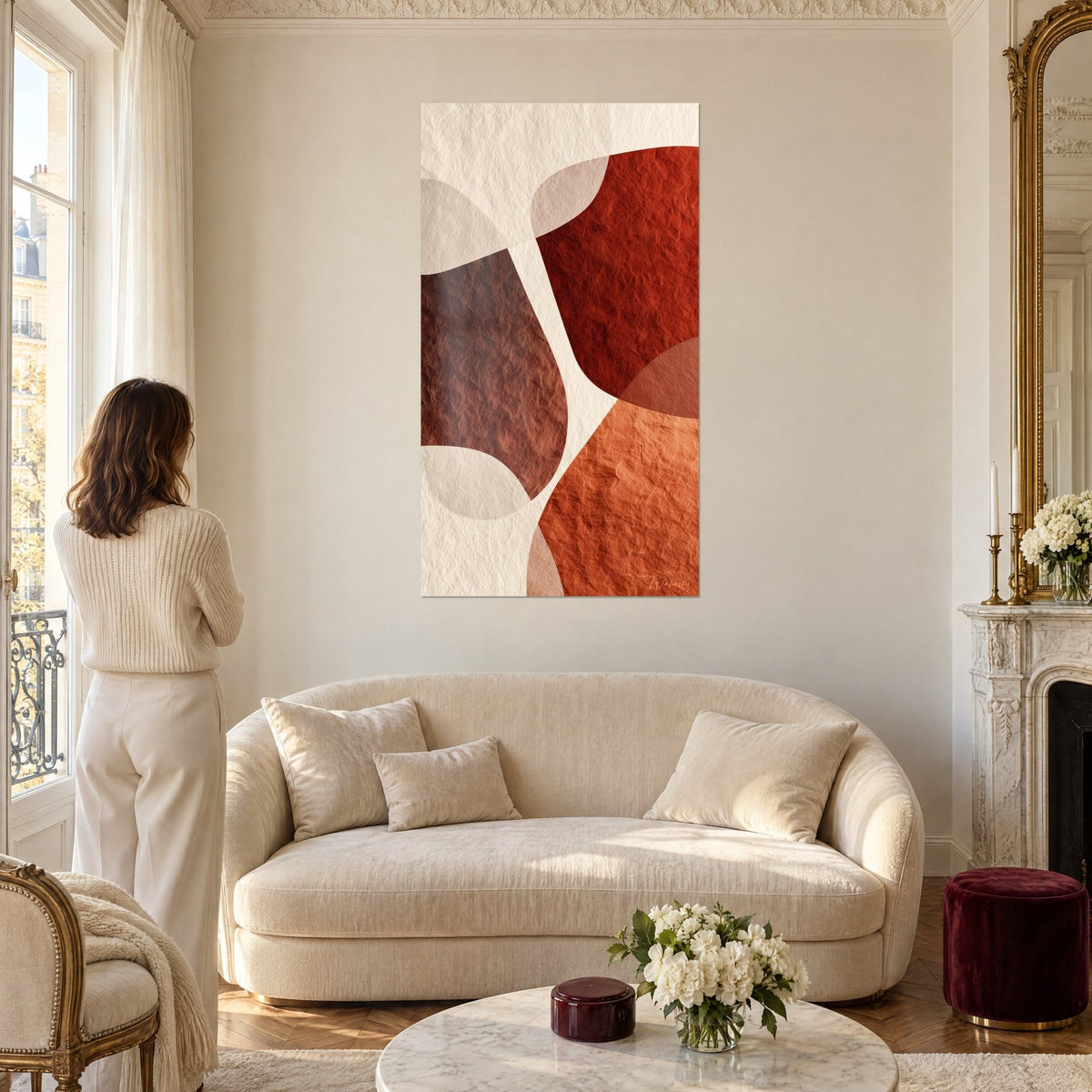 Quadro con forme curve color crema e mattone su carta stropicciata, donna di spalle, sopra un divano in un soggiorno luminoso